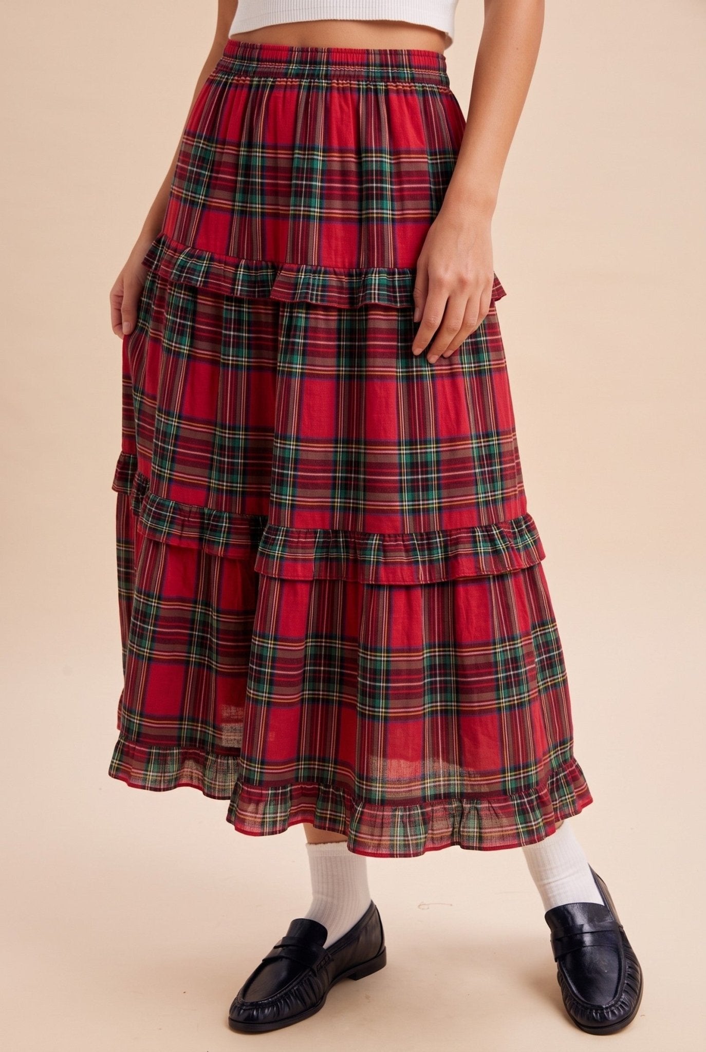 Eleanora Ruffle Trim Plaid Midi Skirt - Westly