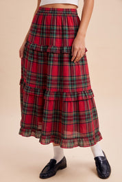 Eleanora Ruffle Trim Plaid Midi Skirt - Westly