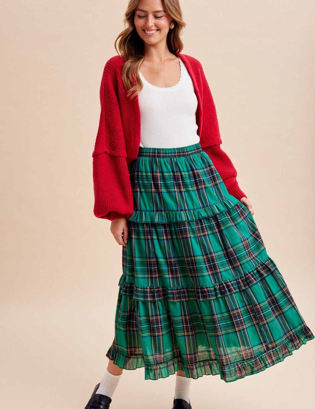 Eleanora Ruffle Trim Plaid Midi Skirt - Westly