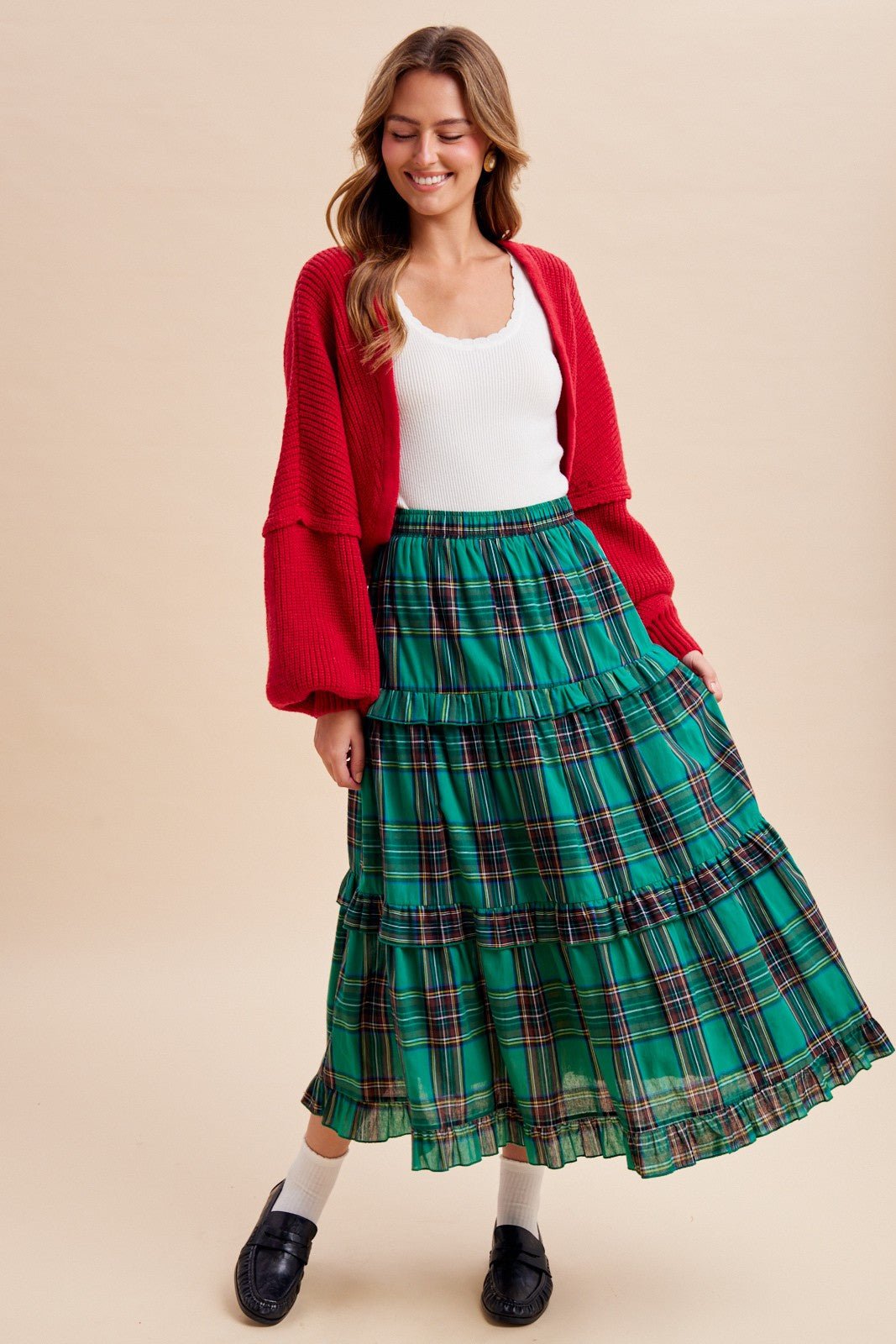 Eleanora Ruffle Trim Plaid Midi Skirt - Westly