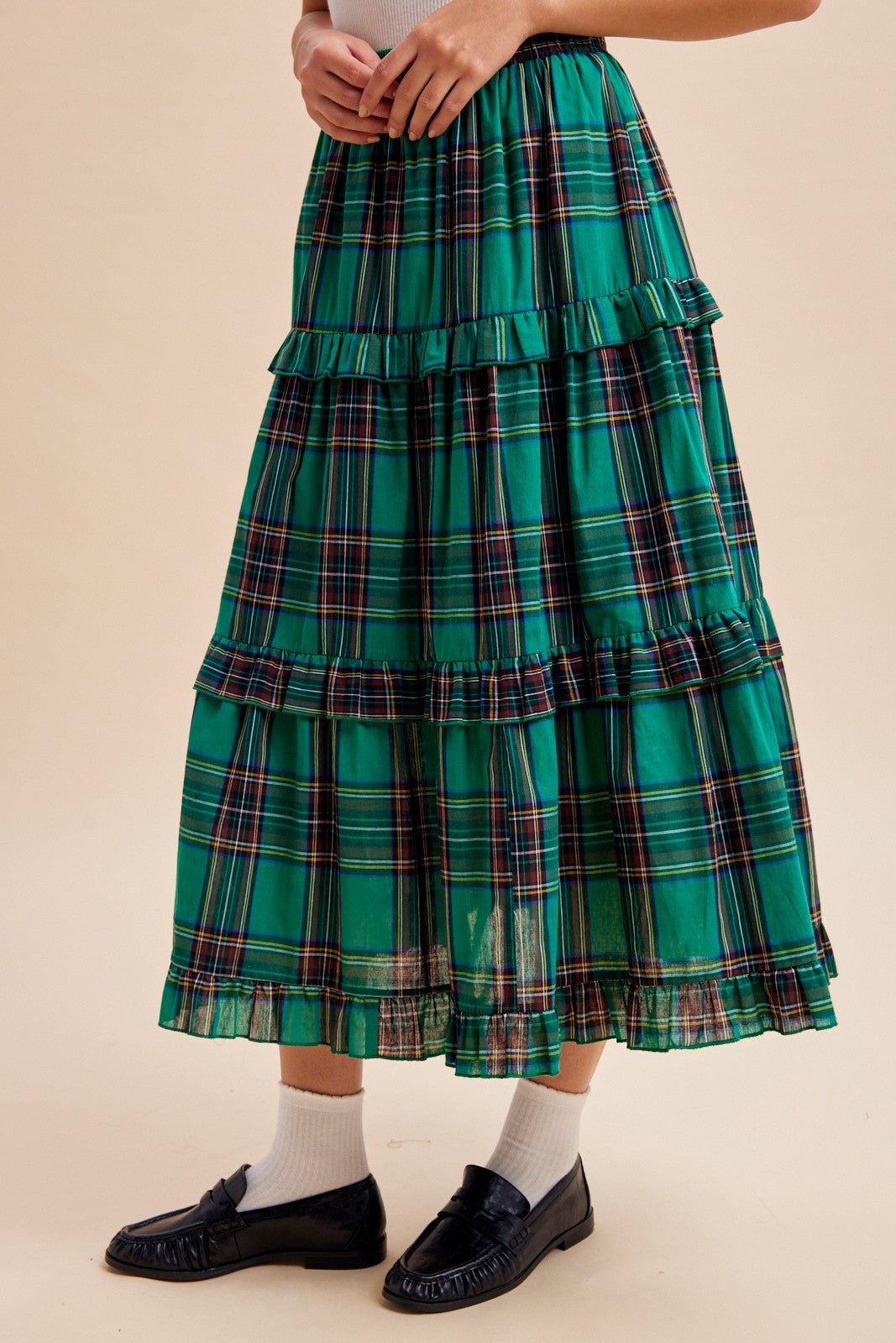 Eleanora Ruffle Trim Plaid Midi Skirt - Westly