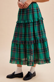 Eleanora Ruffle Trim Plaid Midi Skirt - Westly