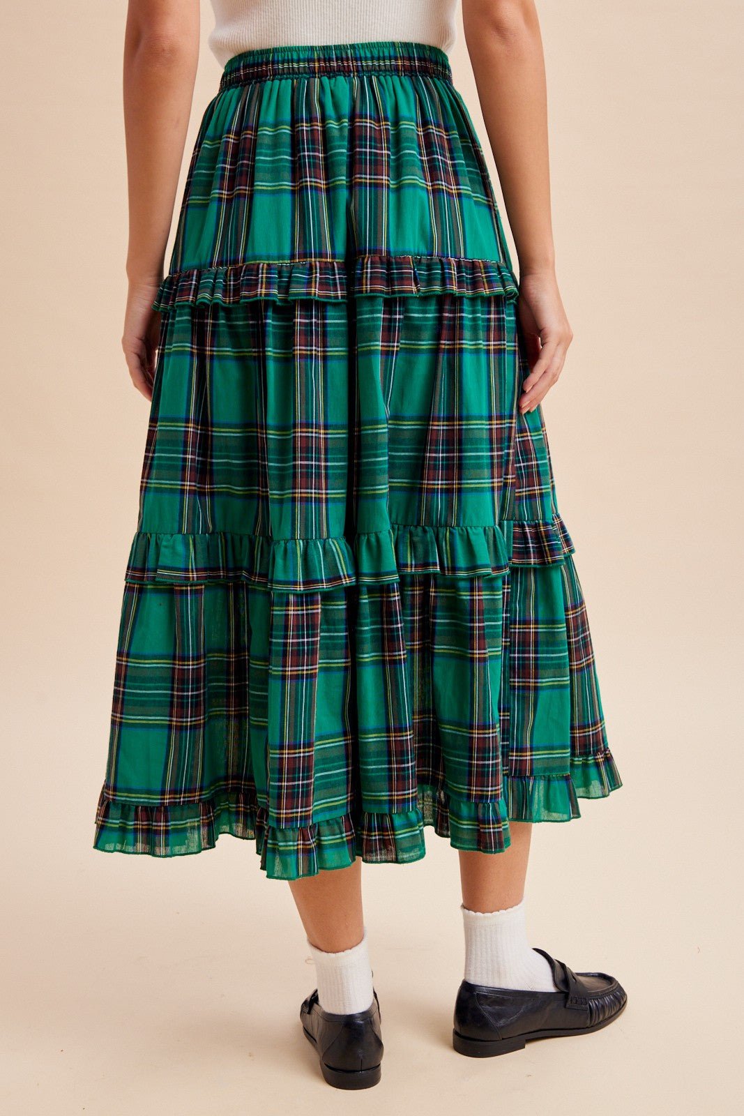 Eleanora Ruffle Trim Plaid Midi Skirt - Westly