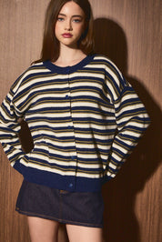 Ellison Striped Chenille Cardigan in Navy Ivory Stripe — product photo 01