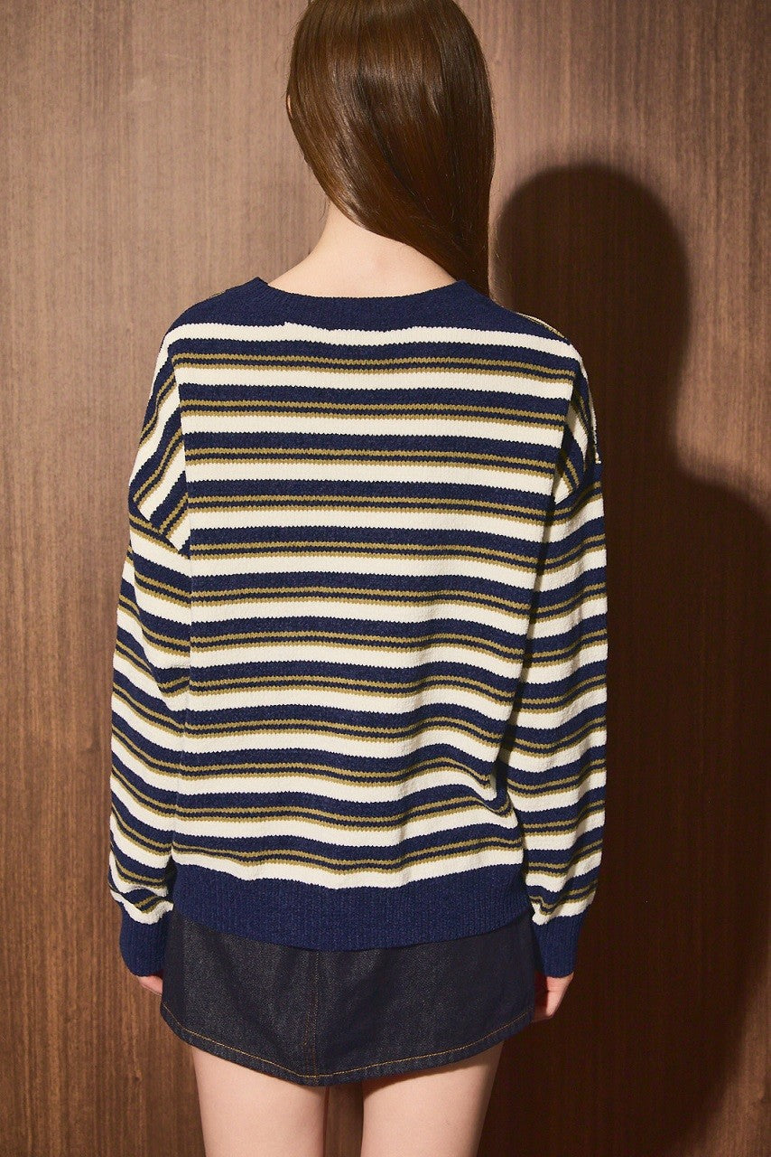Ellison Striped Chenille Cardigan in Navy Ivory Stripe — product photo 03