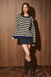 Ellison Striped Chenille Cardigan in Navy Ivory Stripe — product photo 04