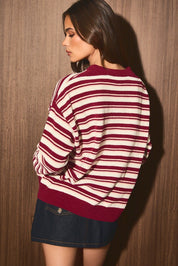 Ellison Striped Chenille Cardigan in Wine Ivory Stripe — product photo 03