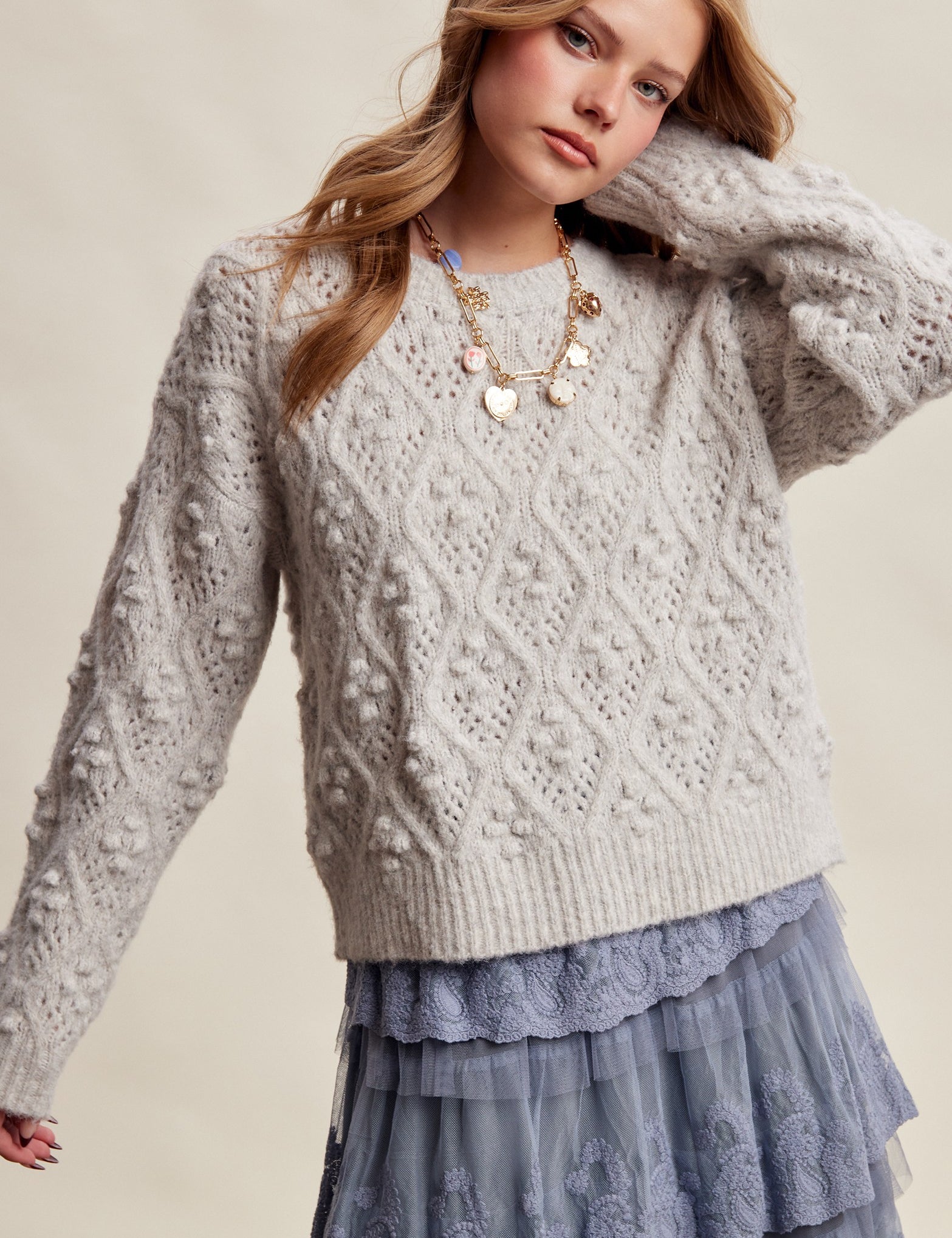 Elodie Bobble Pointelle Sweater - Heather Grey