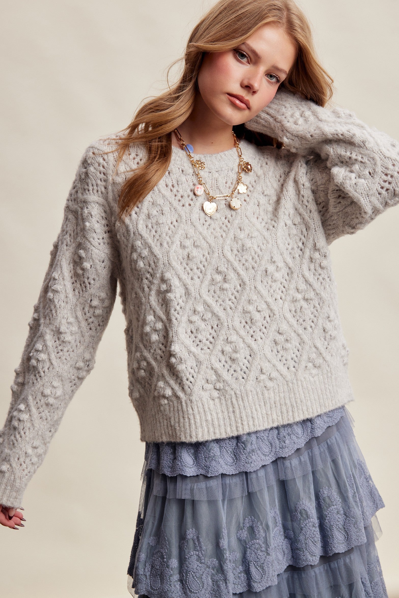 Elodie Bobble Pointelle Sweater - Heather Grey