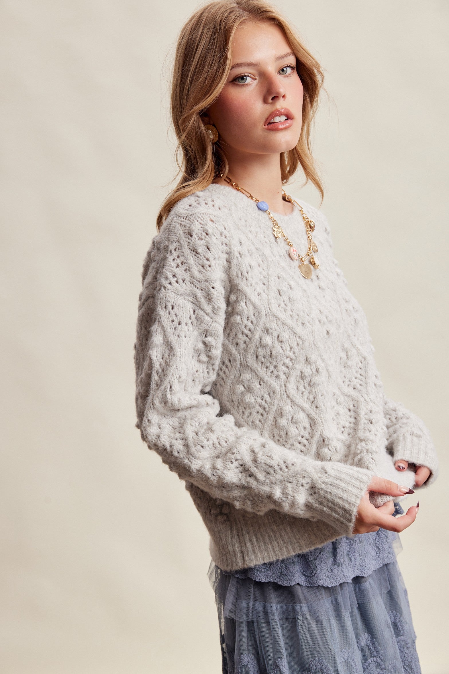 Elodie Bobble Pointelle Sweater - Heather Grey