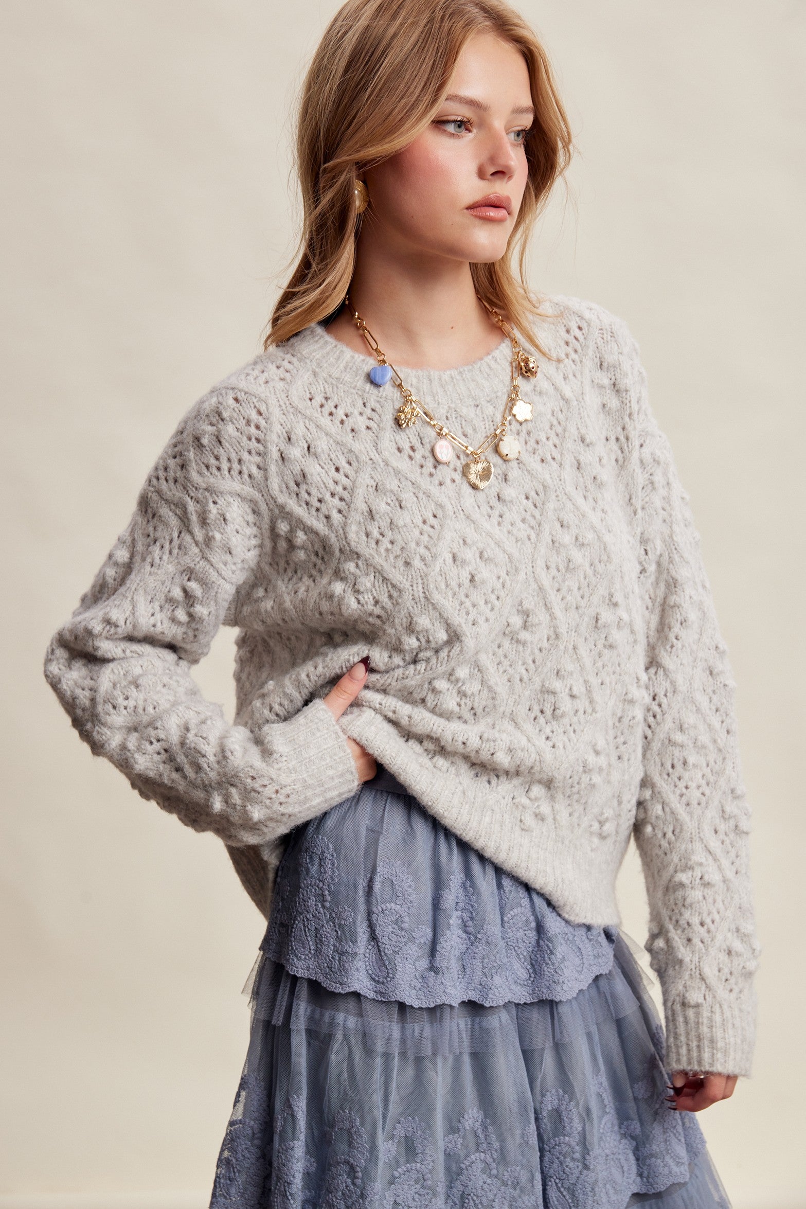 Elodie Bobble Pointelle Sweater - Heather Grey