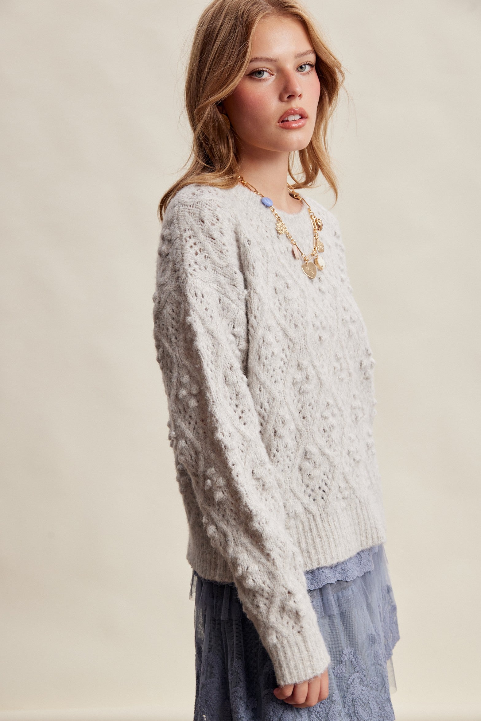 Elodie Bobble Pointelle Sweater - Heather Grey