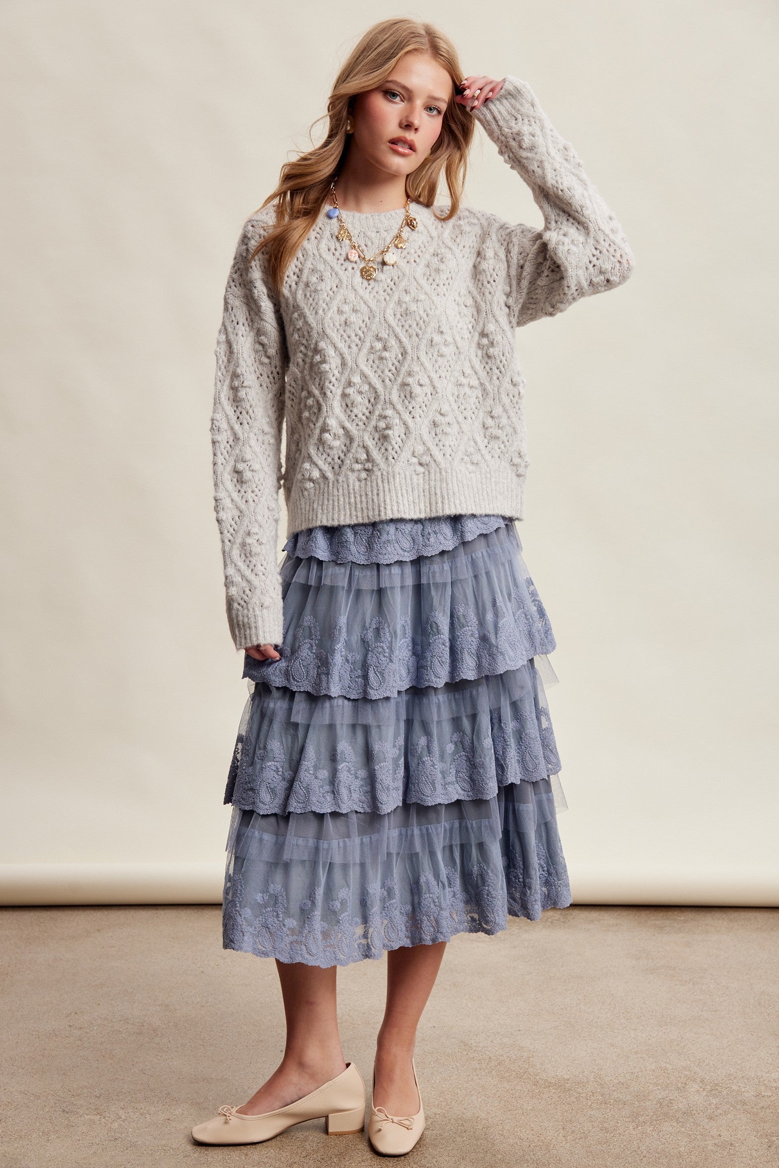 Elodie Bobble Pointelle Sweater - Heather Grey