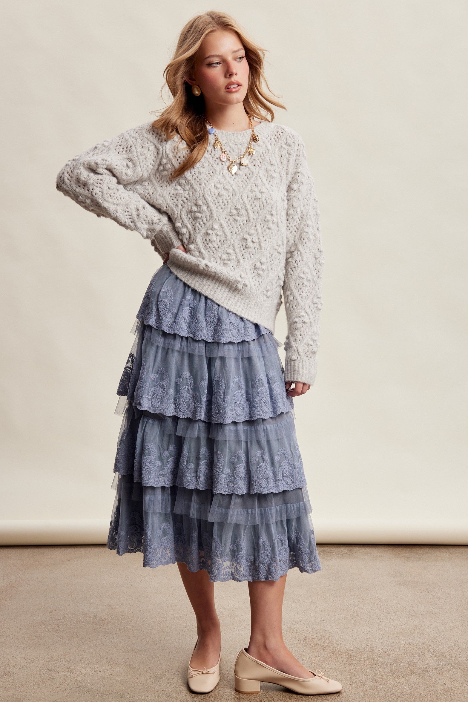 Elodie Bobble Pointelle Sweater - Heather Grey