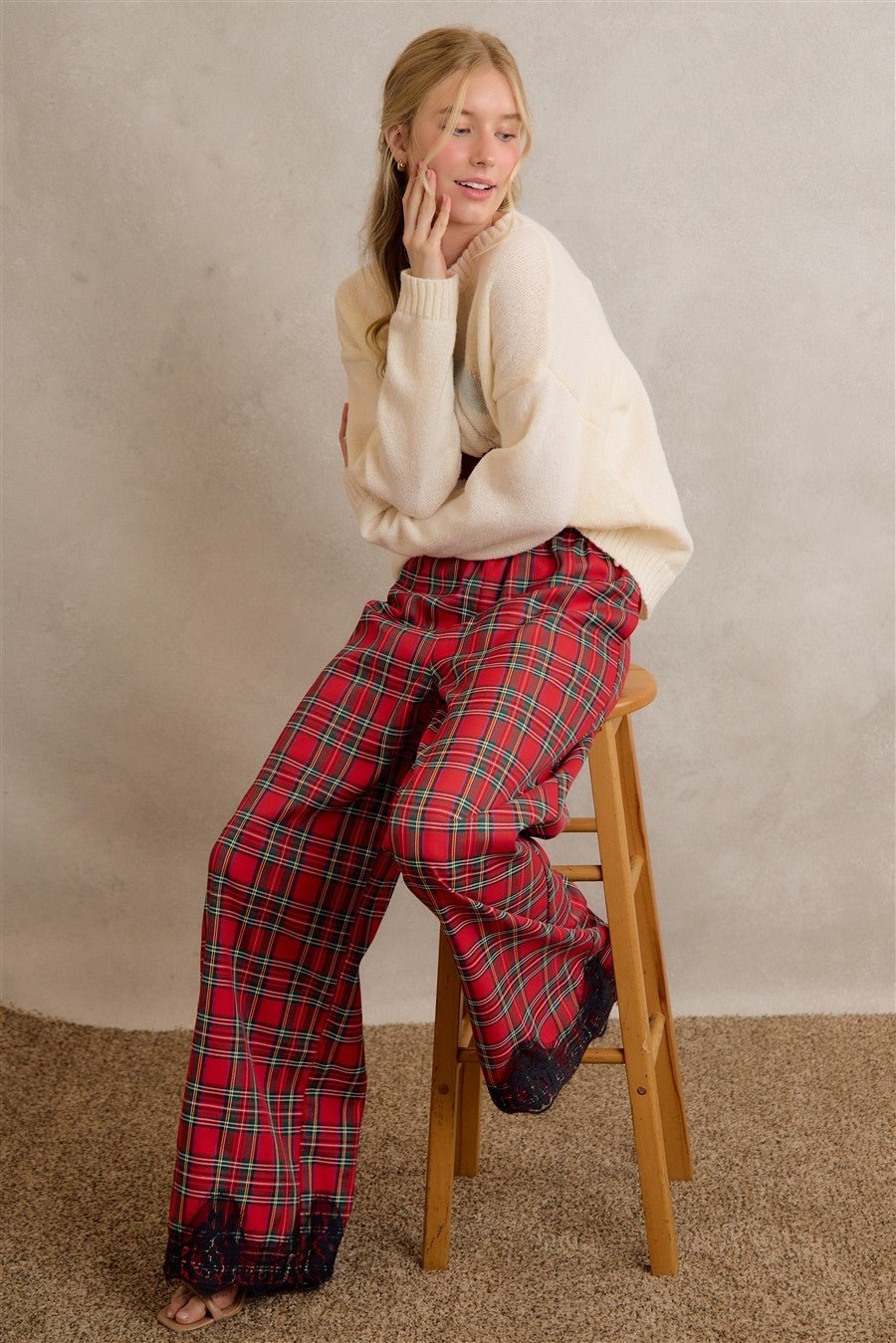 Eloise Lace Trim Plaid Pants - Westly