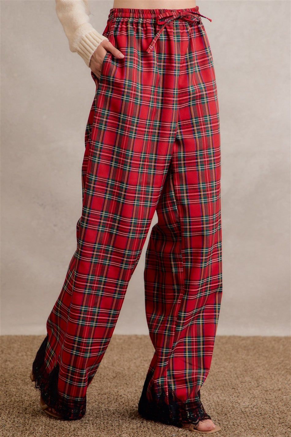 Eloise Lace Trim Plaid Pants in Red Multi, photo 9