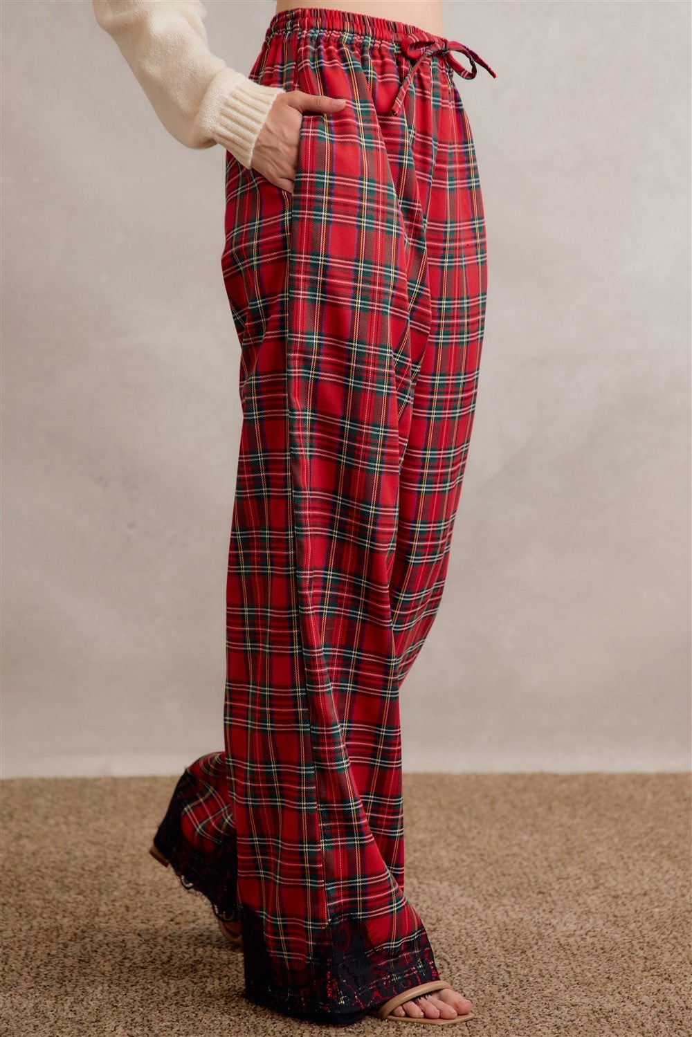 Eloise Lace Trim Plaid Pants in Red Multi, photo 10