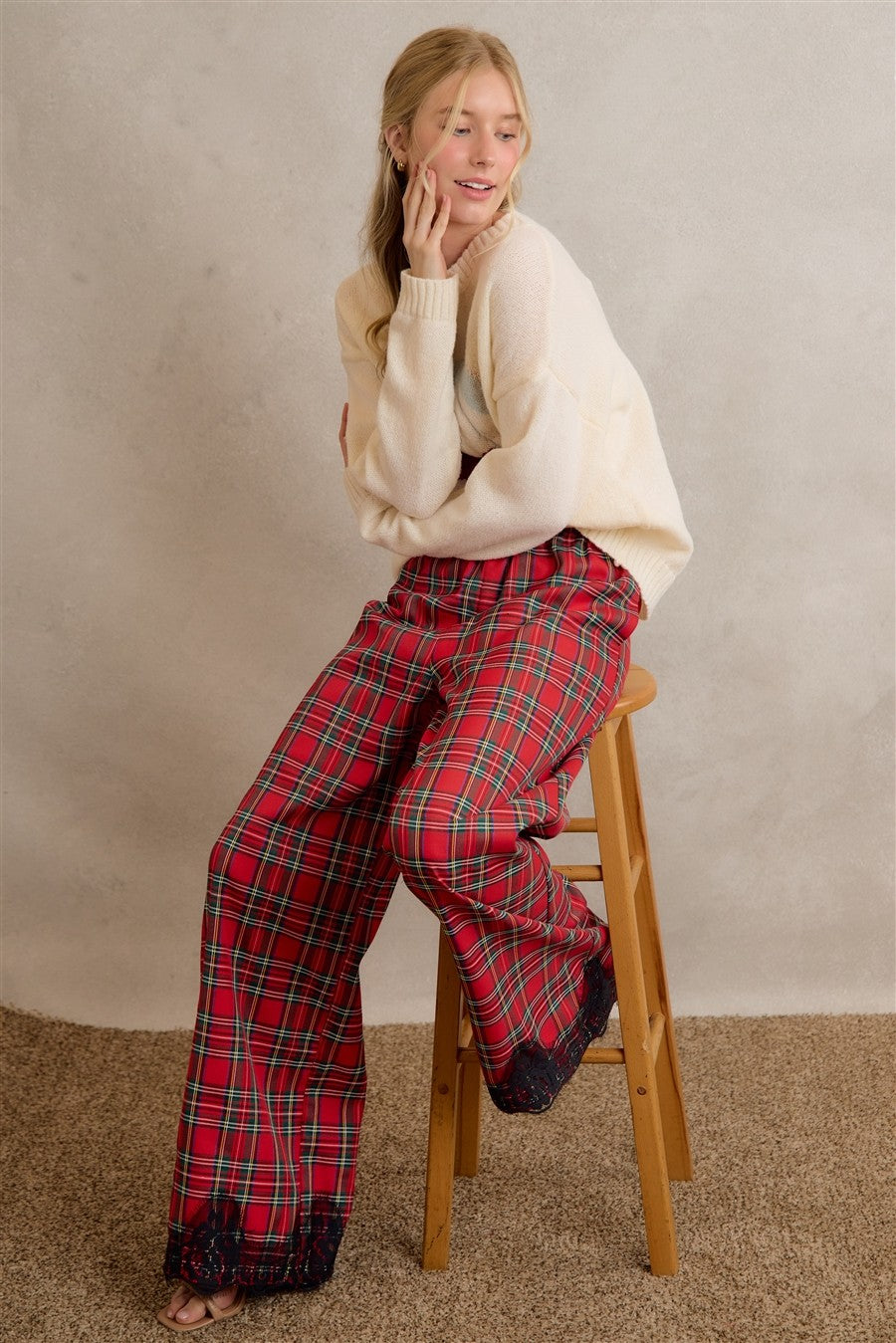 Eloise Lace Trim Plaid Pants in Red Multi, photo 14