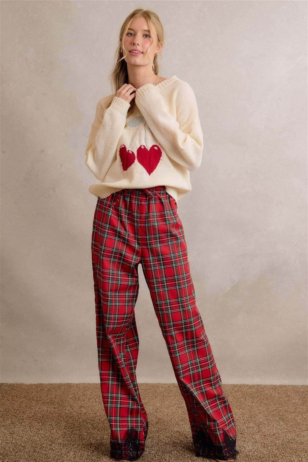 Eloise Lace Trim Plaid Pants in Red Multi, photo 17