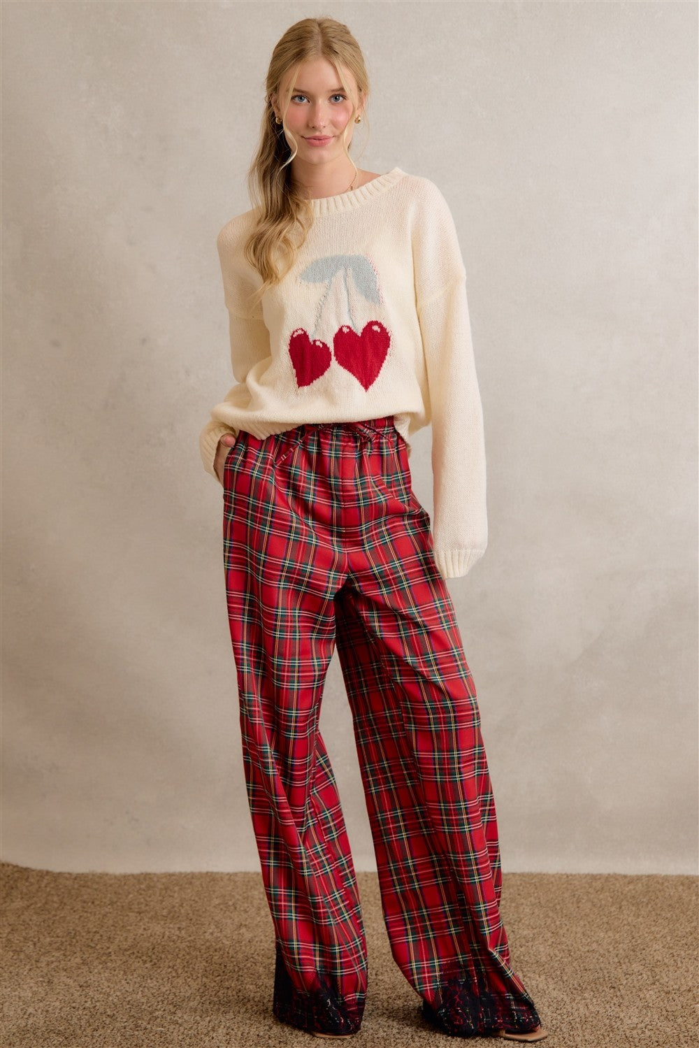 Eloise Lace Trim Plaid Pants in Red Multi, photo 19