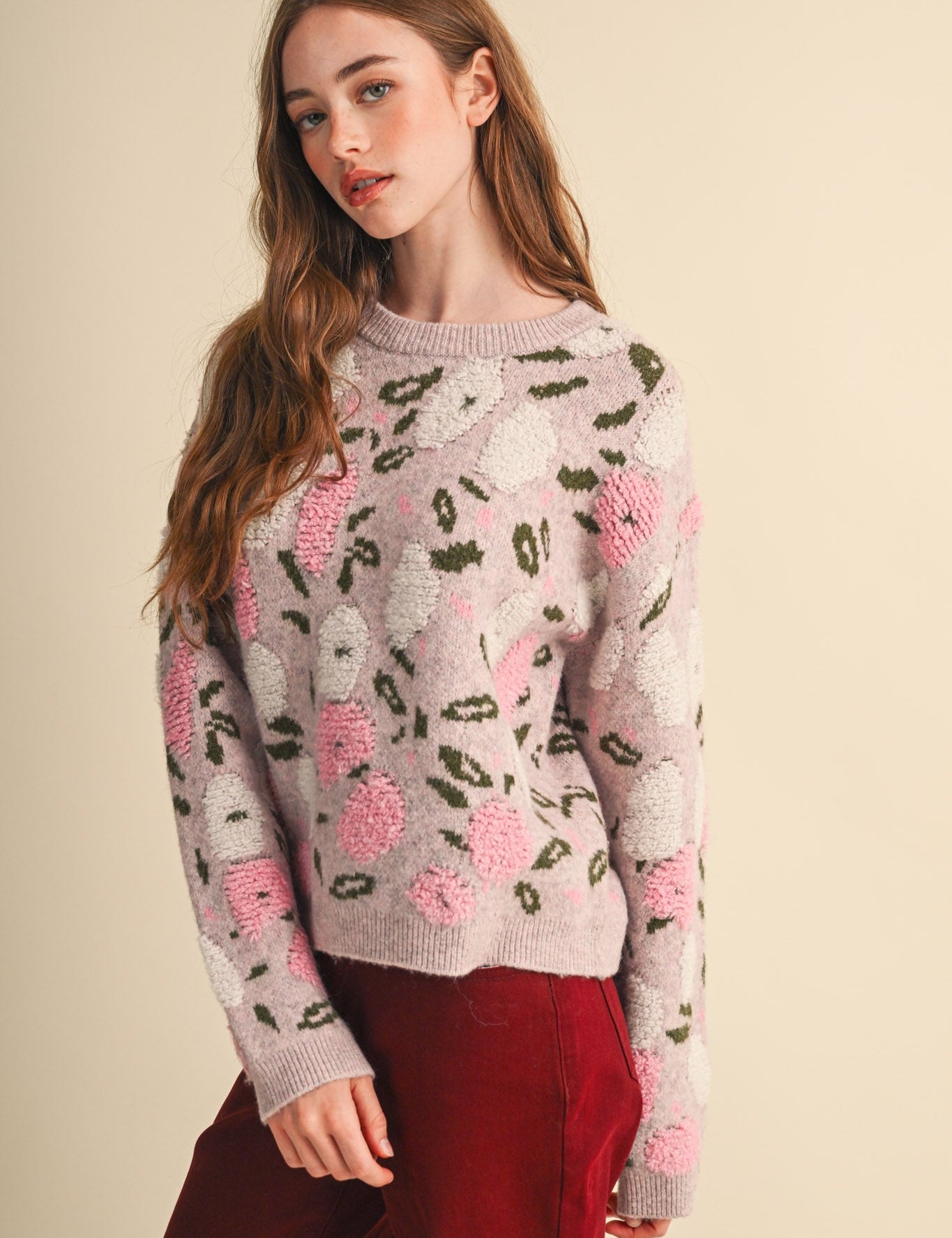 Elsinore Fuzzy Texture Floral Knit Sweater - Westly