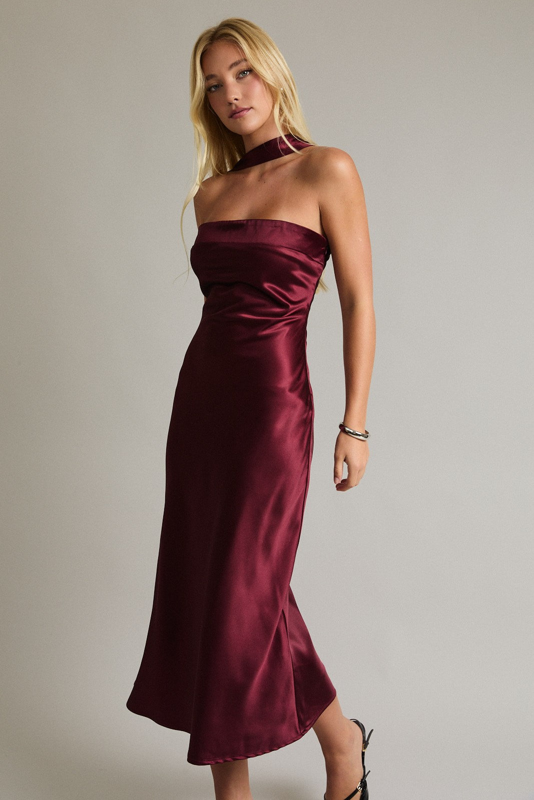 Elysian Scarf Satin Midi Dress - Burgundy