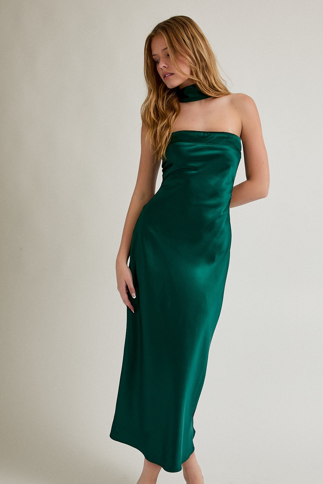 Elysian Scarf Satin Midi Dress - Hunter Green