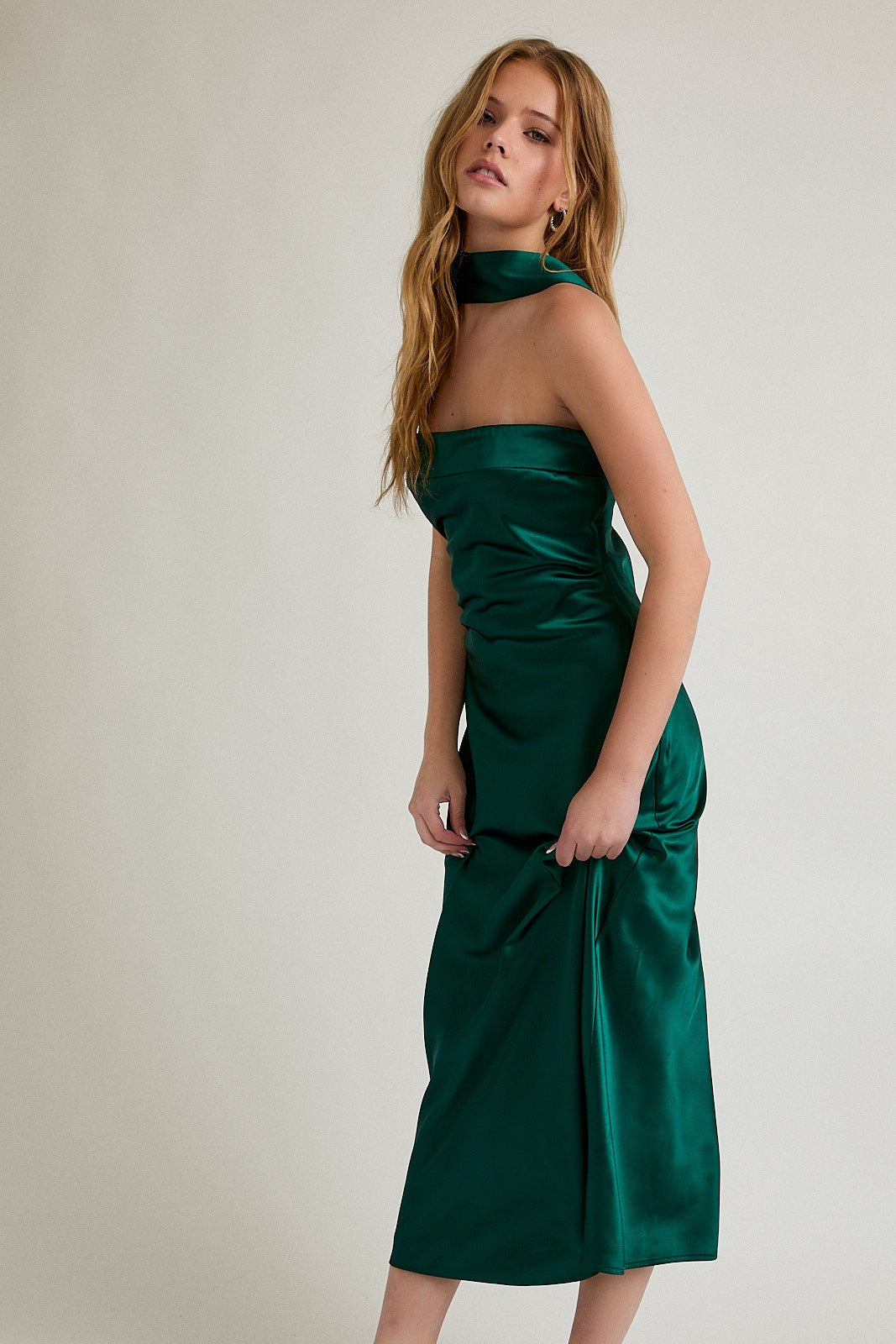 Elysian Scarf Satin Midi Dress - Hunter Green