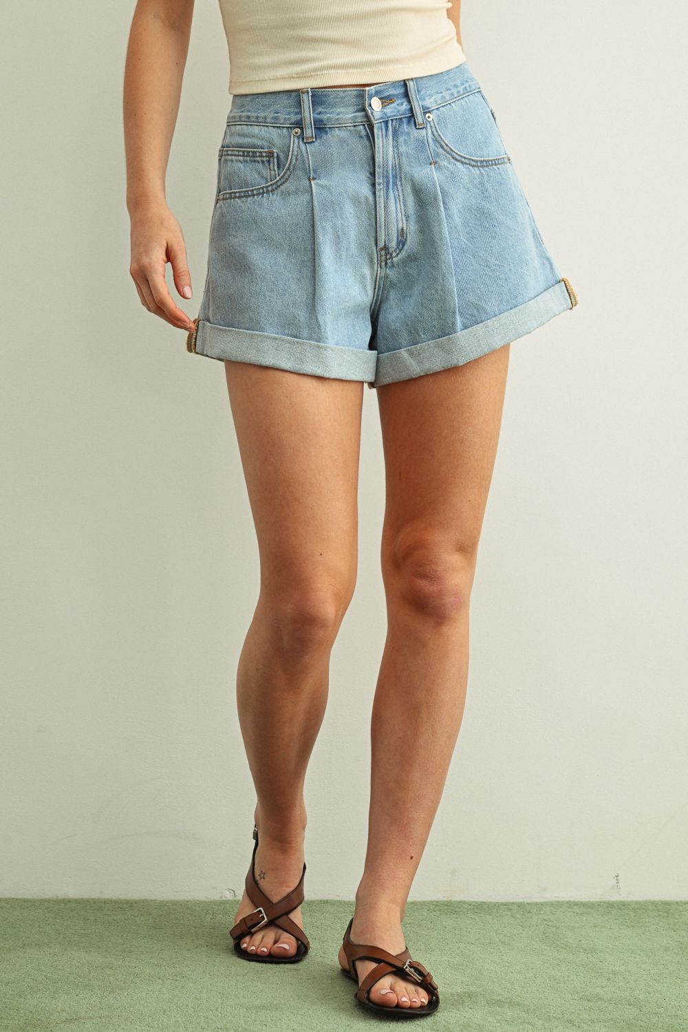 Emerson Cuffed Pleated Denim Shorts - Westly