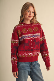 Equestrian Almanac Horse Fair Isle Sweater in Brick Burgundy, photo 2