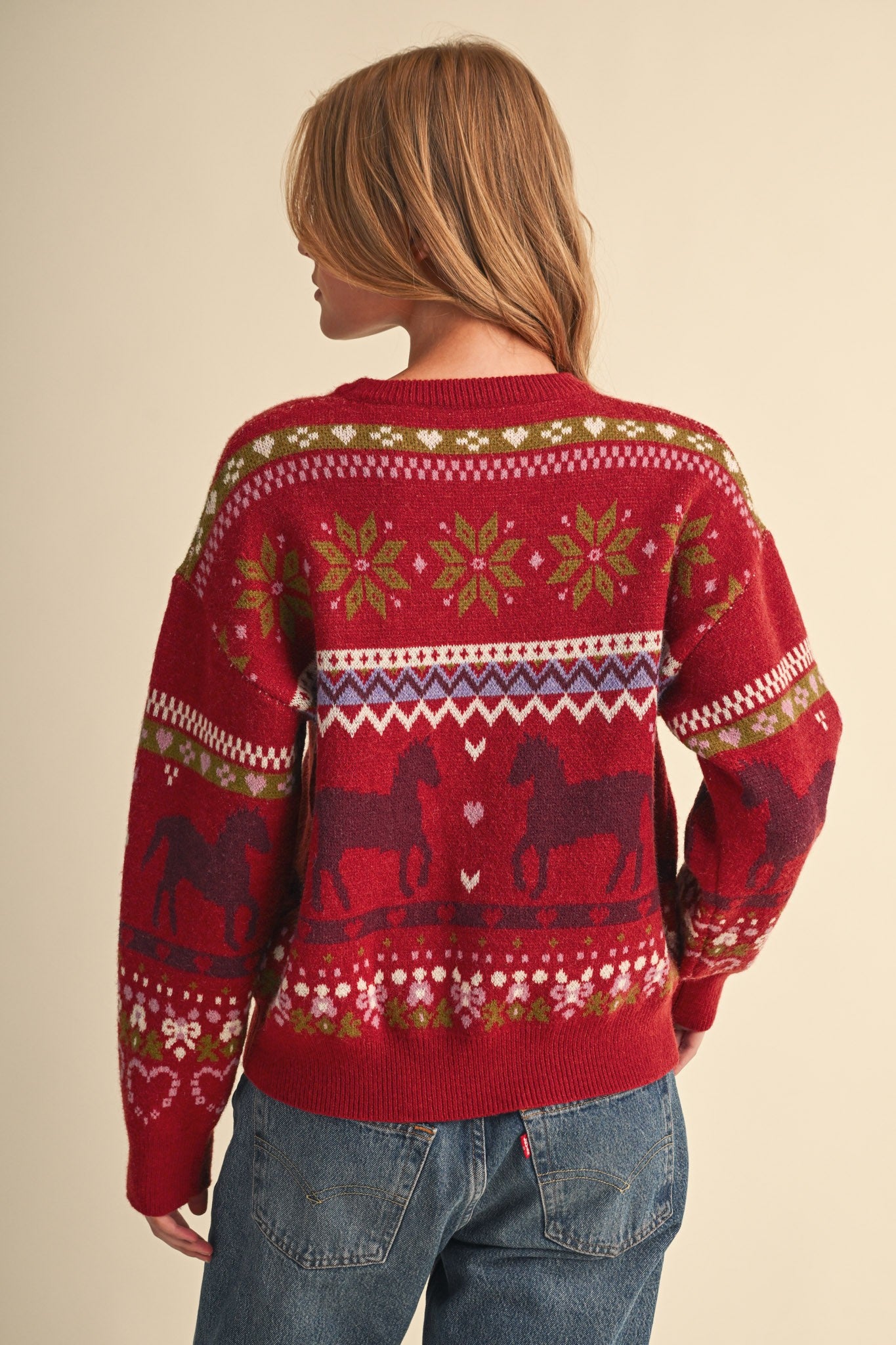 Equestrian Almanac Horse Fair Isle Sweater in Brick Burgundy, photo 6