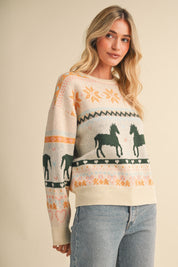 Equestrian Almanac Horse Fair Isle Sweater in Ivory Green, photo 1