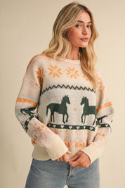 Equestrian Almanac Horse Fair Isle Sweater in Ivory Green, photo 2