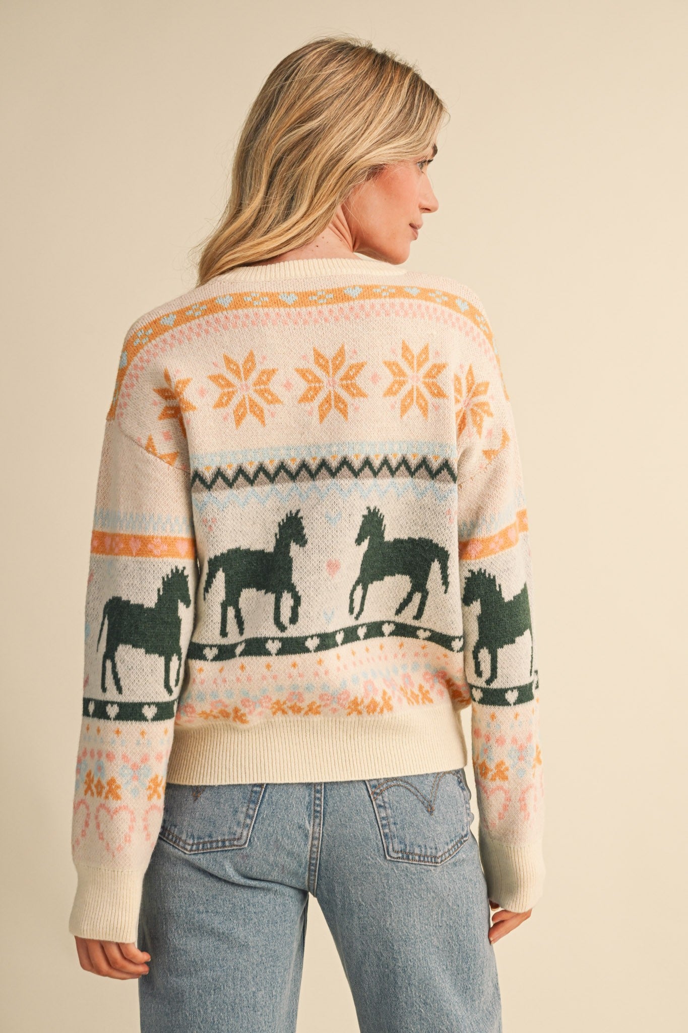 Equestrian Almanac Horse Fair Isle Sweater in Ivory Green, photo 4