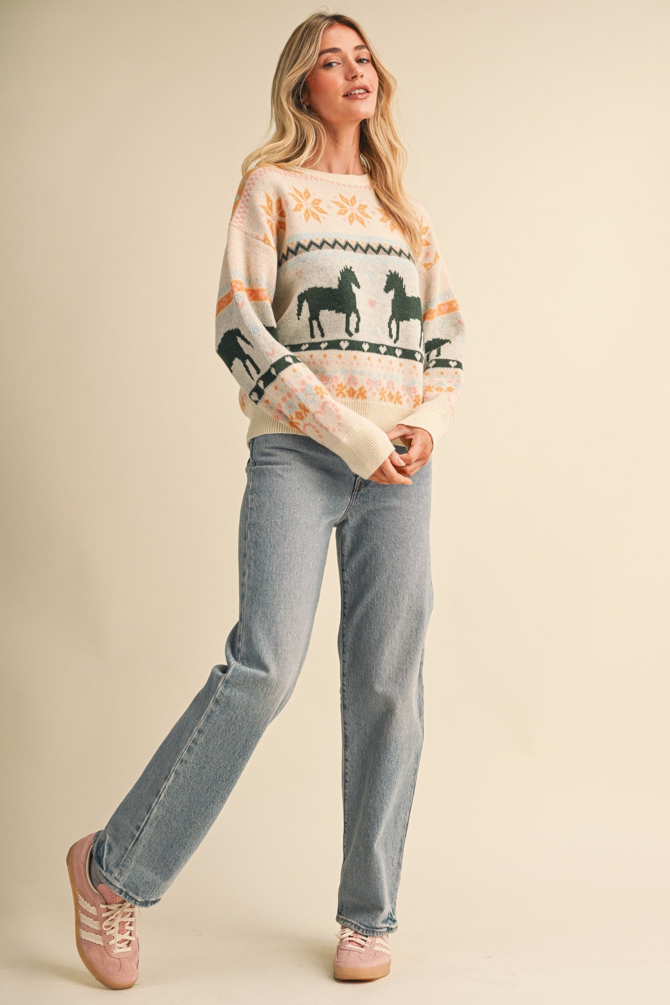 Equestrian Almanac Horse Fair Isle Sweater in Ivory Green, photo 8