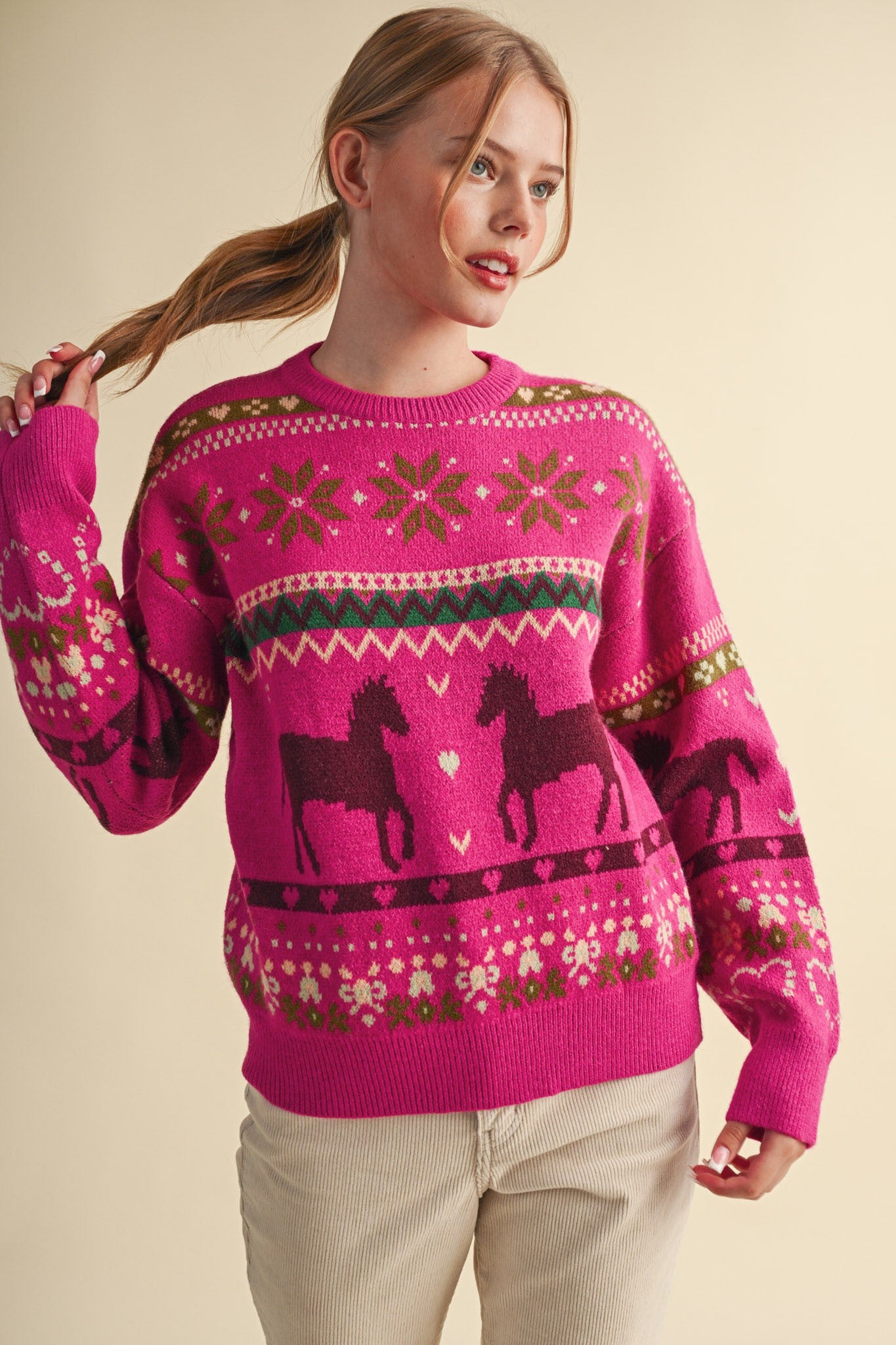 Equestrian Almanac Horse Fair Isle Sweater in Magenta Brown, photo 3
