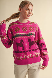 Equestrian Almanac Horse Fair Isle Sweater in Magenta Brown, photo 3