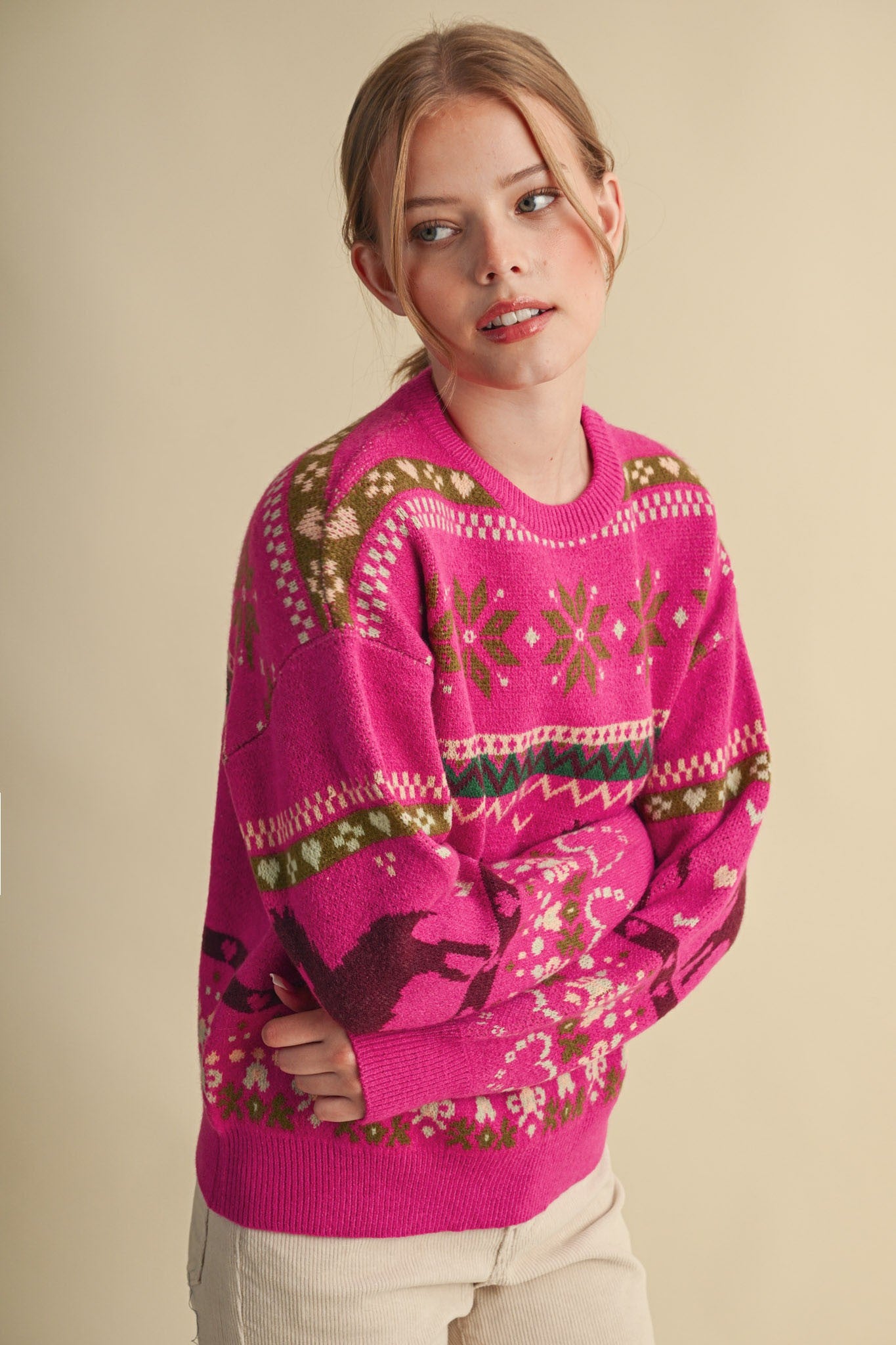 Equestrian Almanac Horse Fair Isle Sweater in Magenta Brown, photo 4