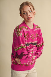 Equestrian Almanac Horse Fair Isle Sweater in Magenta Brown, photo 4