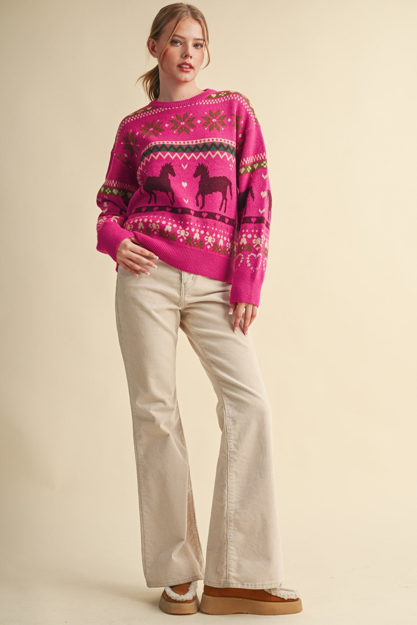 Equestrian Almanac Horse Fair Isle Sweater in Magenta Brown, photo 6