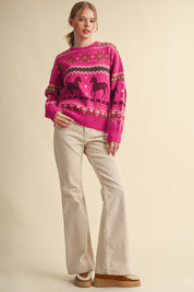 Equestrian Almanac Horse Fair Isle Sweater in Magenta Brown, photo 6