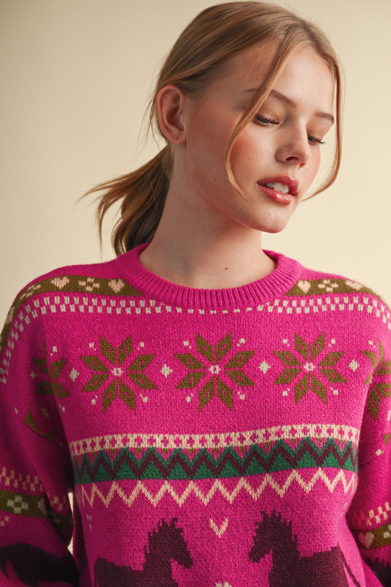 Equestrian Almanac Horse Fair Isle Sweater in Magenta Brown, photo 9