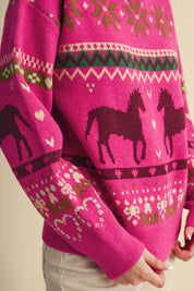Equestrian Almanac Horse Fair Isle Sweater in Magenta Brown, photo 10