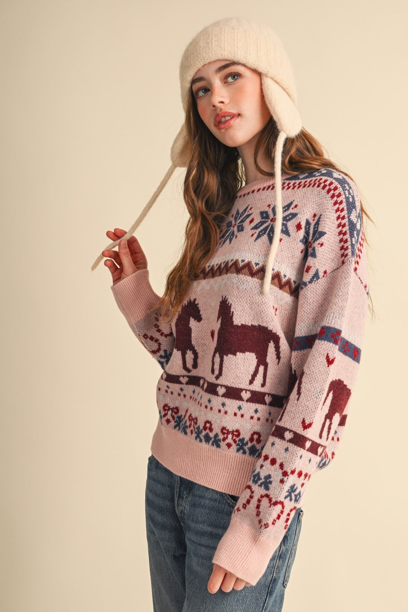 Equestrian Almanac Horse Fair Isle Sweater in Petal Pink, photo 7