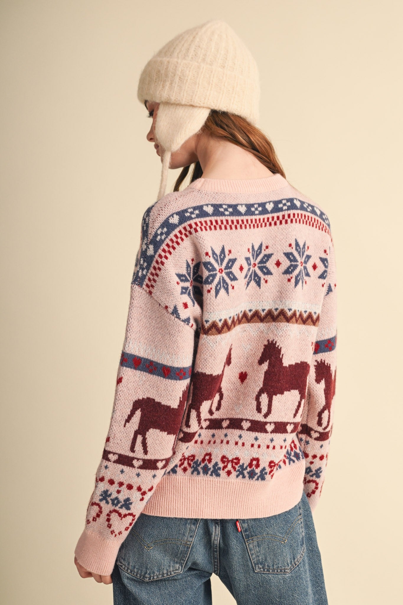 Equestrian Almanac Horse Fair Isle Sweater in Petal Pink, photo 8