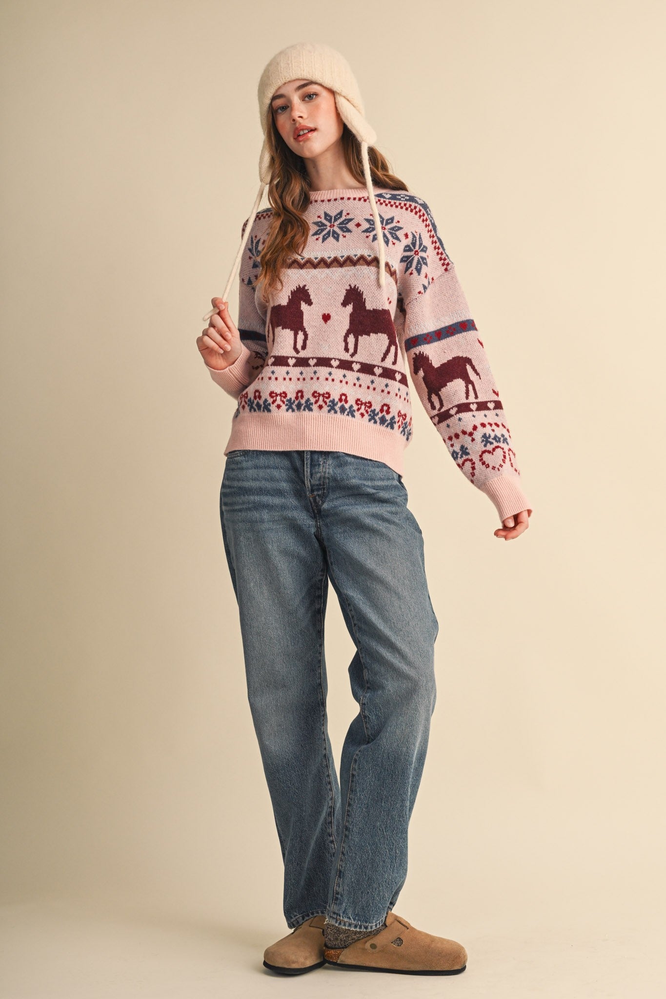 Equestrian Almanac Horse Fair Isle Sweater in Petal Pink, photo 9