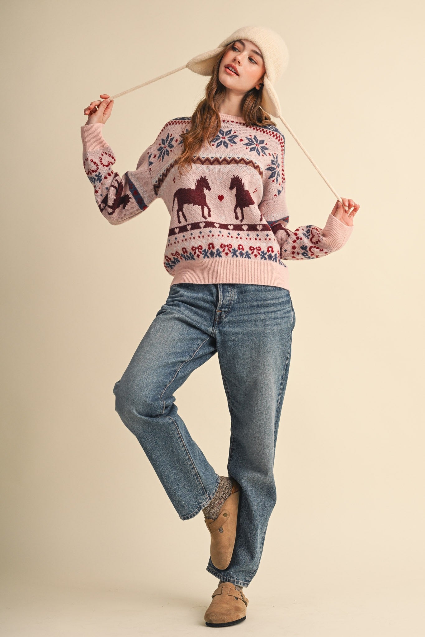 Equestrian Almanac Horse Fair Isle Sweater in Petal Pink, photo 10