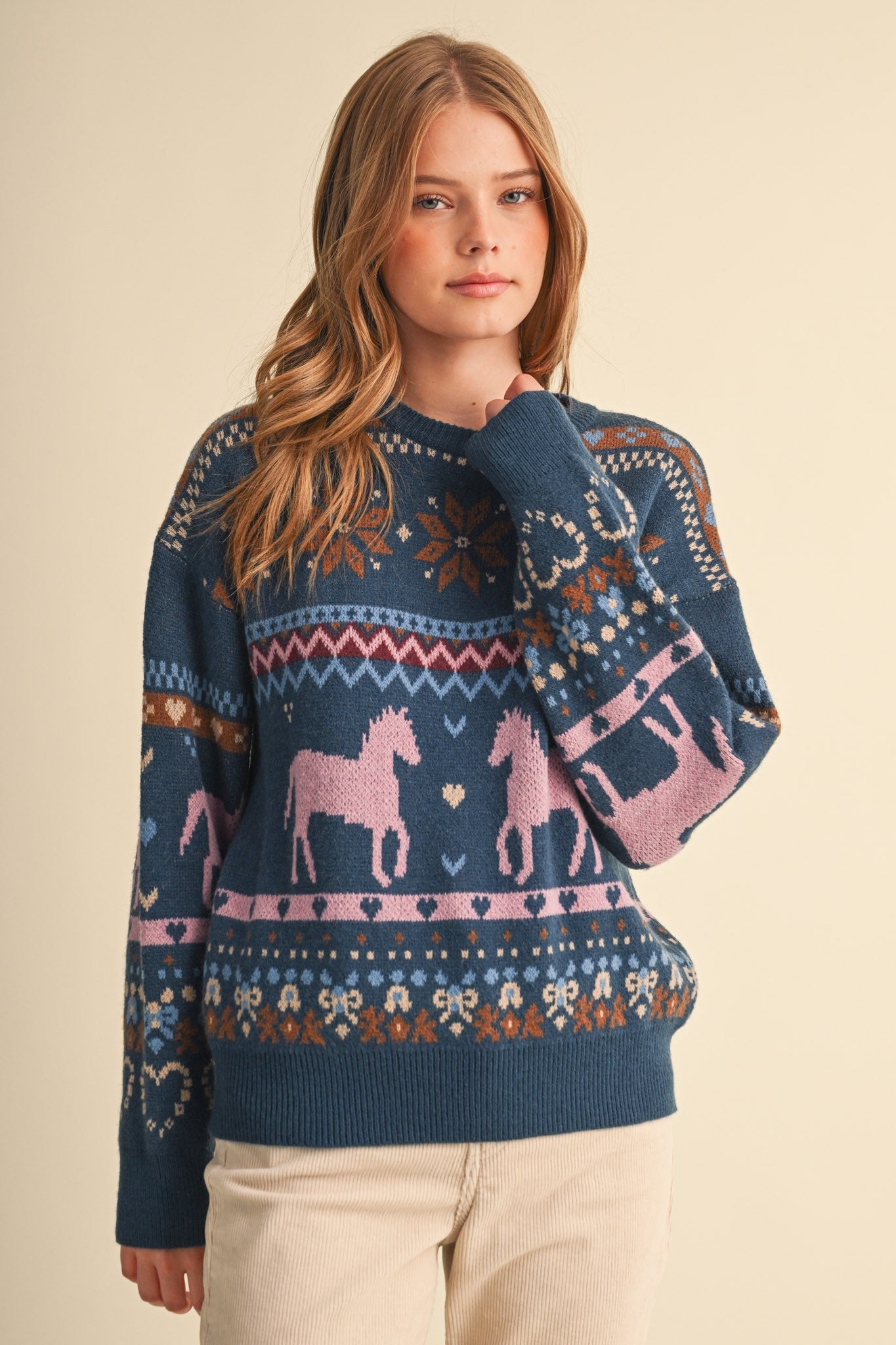 Equestrian Almanac Horse Fair Isle Sweater in Teal Pink, photo 1