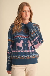 Equestrian Almanac Horse Fair Isle Sweater in Teal Pink, photo 1