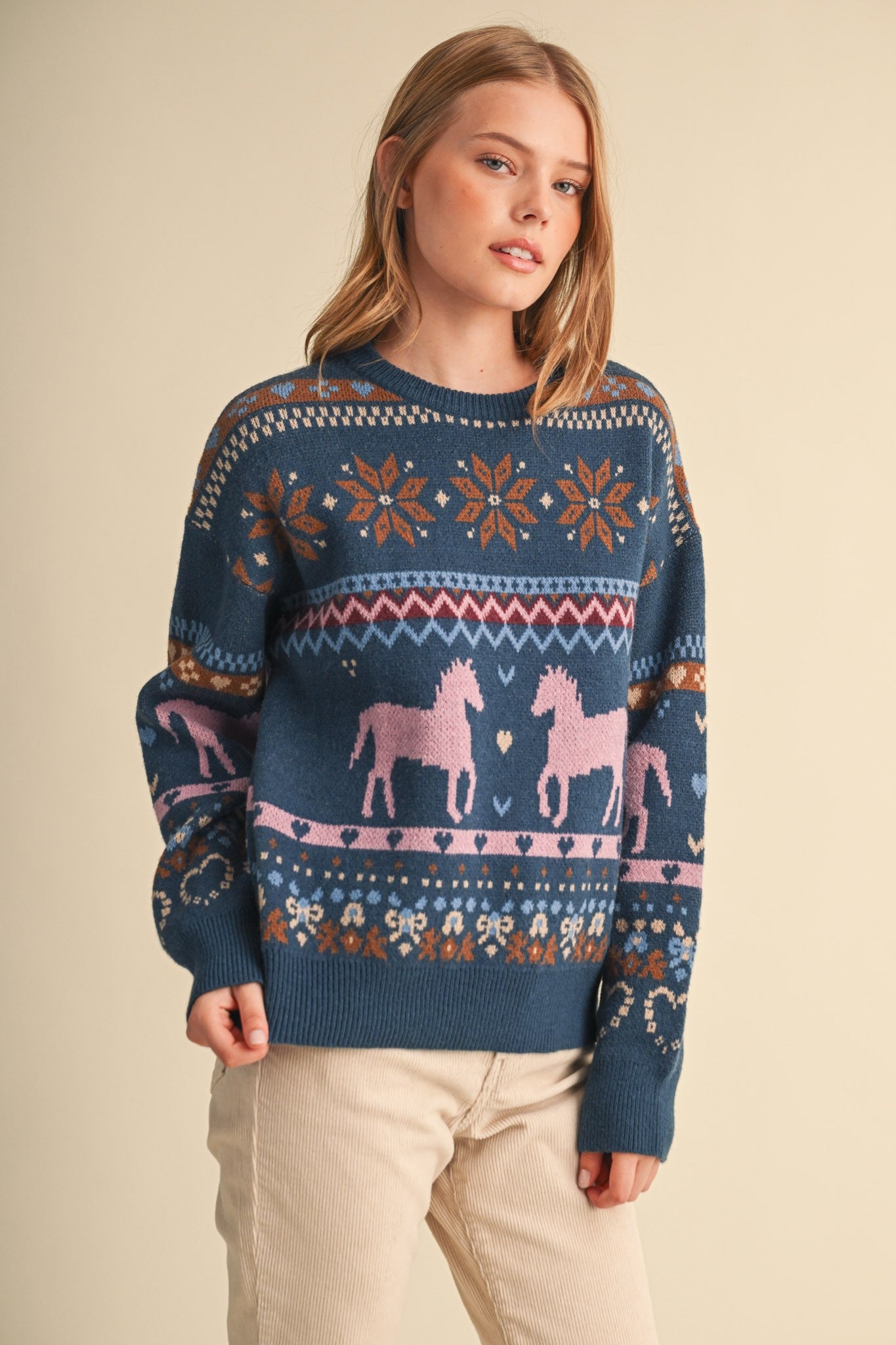 Equestrian Almanac Horse Fair Isle Sweater in Teal Pink, photo 2